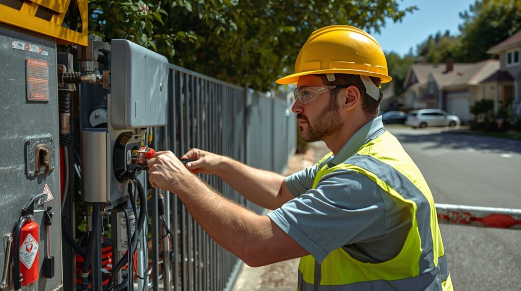 Technician installing and configuring an automatic barrier gate.