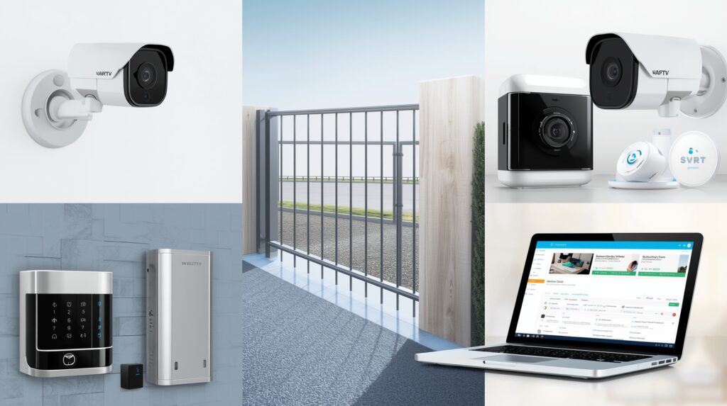 Security systems, barrier gate, smart home devices, and digital services representing NWT’s offerings.