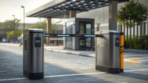 Modern automatic barrier gate installed at a commercial property in Pakistan.